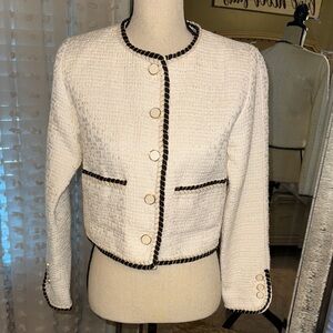 Elegant White Tweed Jacket with Black Trim